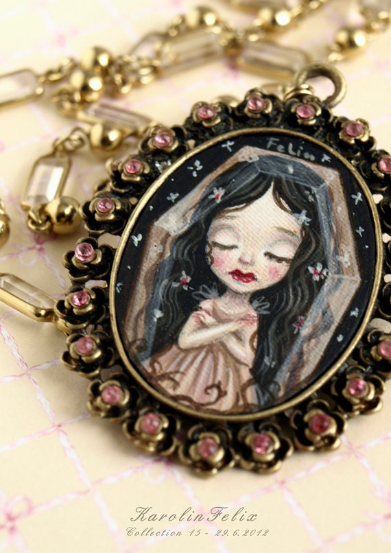 reserved for Beatriz - In Crystal Coffin she sleeps - from Snow White fairytale - original cameo painting necklace. art by KarolinFelix