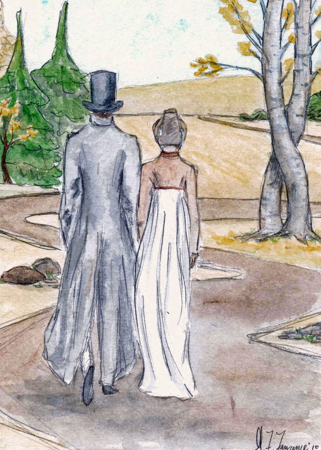 Mr.Darcy  and Lizzy Get Lost 5x7 art print.  Jane Austen. Pride and Prejudice.