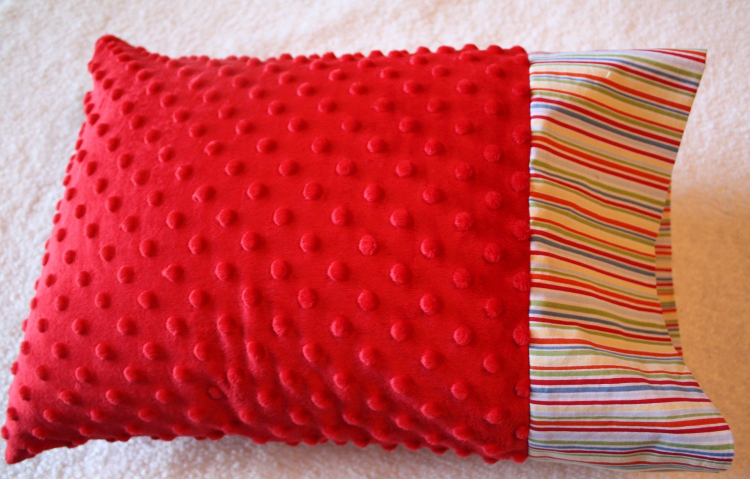 Small Red Minky Pillowcase for 12x16 Pillow- Stripes and Red Minky Dot Toddler Pillowcase- Minky Pillowcase- Red Toddler Pillowcase