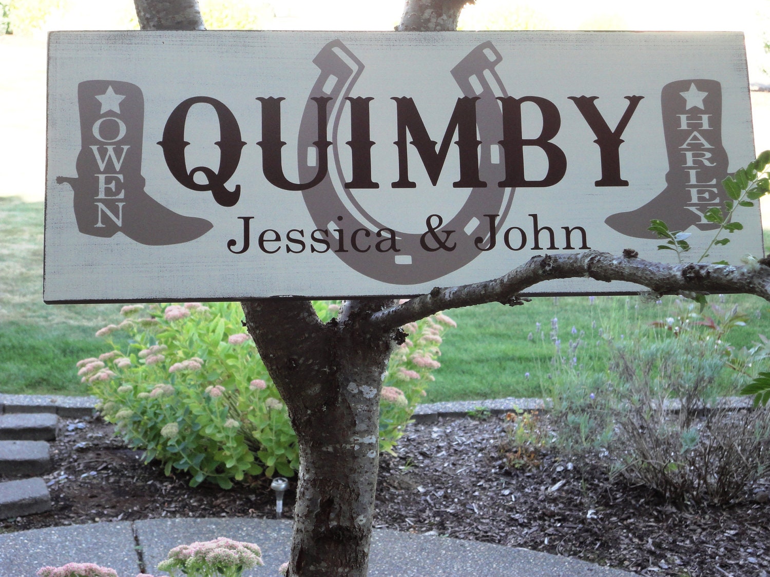 Custom Last Name Sign. Personalized, Country, Western, Horse Shoe, Cowboy Boots, Birthdays, Bridal Showers or Anniversary Gift. 10 X 24 in.