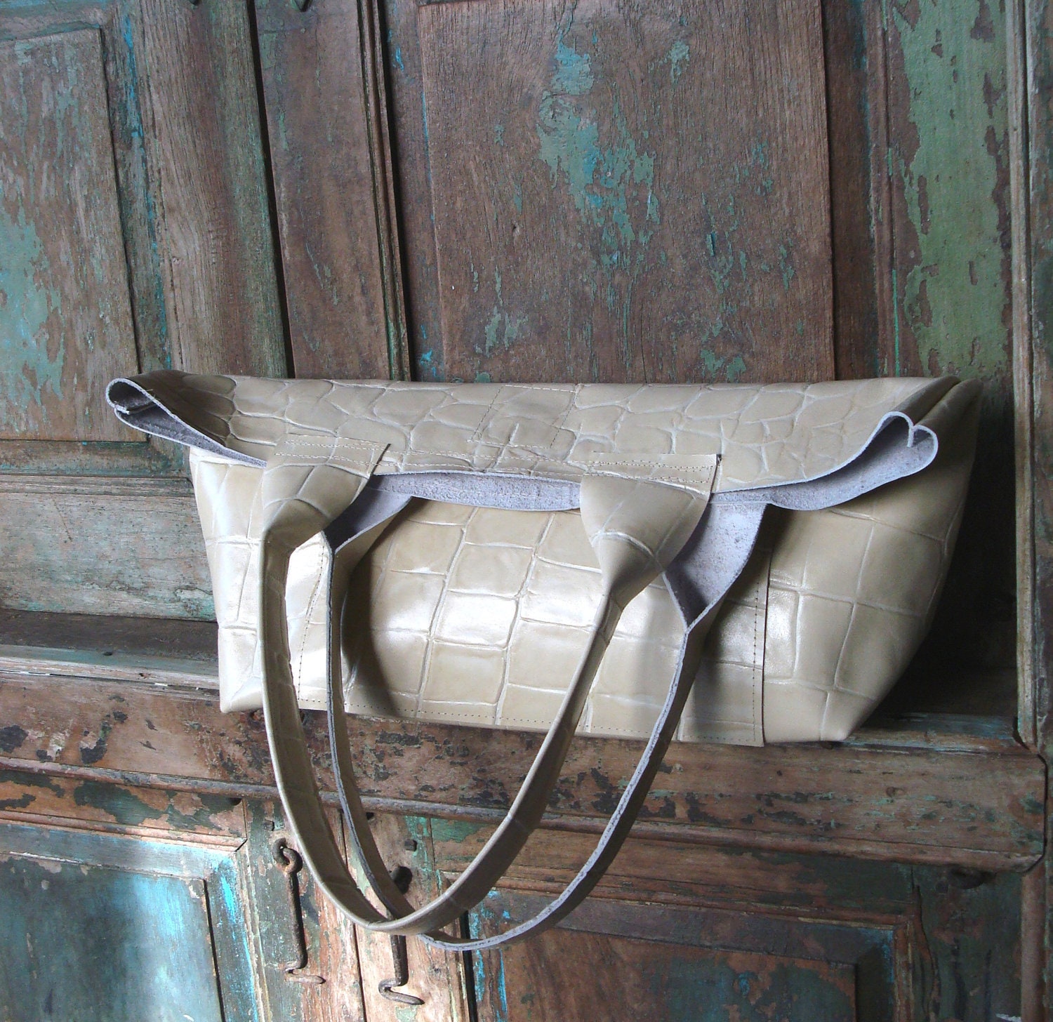 Handmade Embossed  Medium Size Winter White  Leather Tote, Bag or Purse