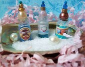 SALE Miniature Vintage French Label Bath Beads, Shabby Chic,Set of 3 Dollhouse Bath Decor Bottles, Blue & White, Pearl/Swarovski Toppers