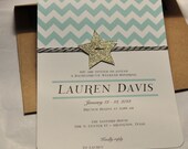 Chevron, glitter star and bakers twine mint green and gold birthday invitation, kraft envelope