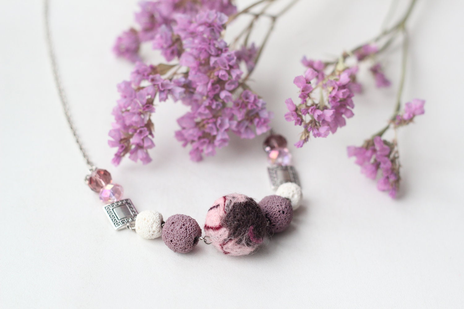 Felted beads necklace - Lovely necklace, Beaded necklace, Gently Pink, White - Pastel jewelry - Mothers day
