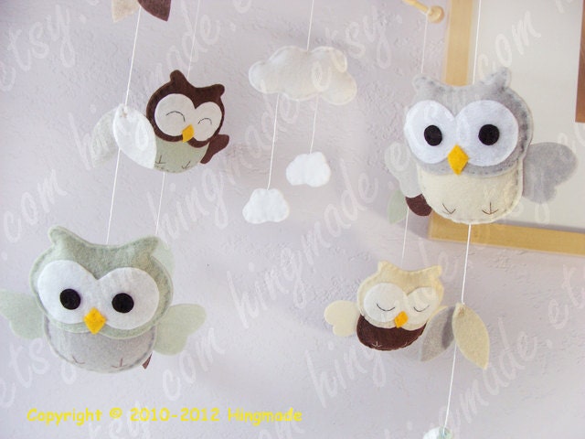 Owl Mobile - Baby Mobile - Felt Mobile - Soft and Sweet Nursery - Brown Sage Green Gray Owls in clouds and leaves (Custom color available)