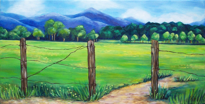 Mountain landscape oil painting - forest and pasture scene, nature and woodland art