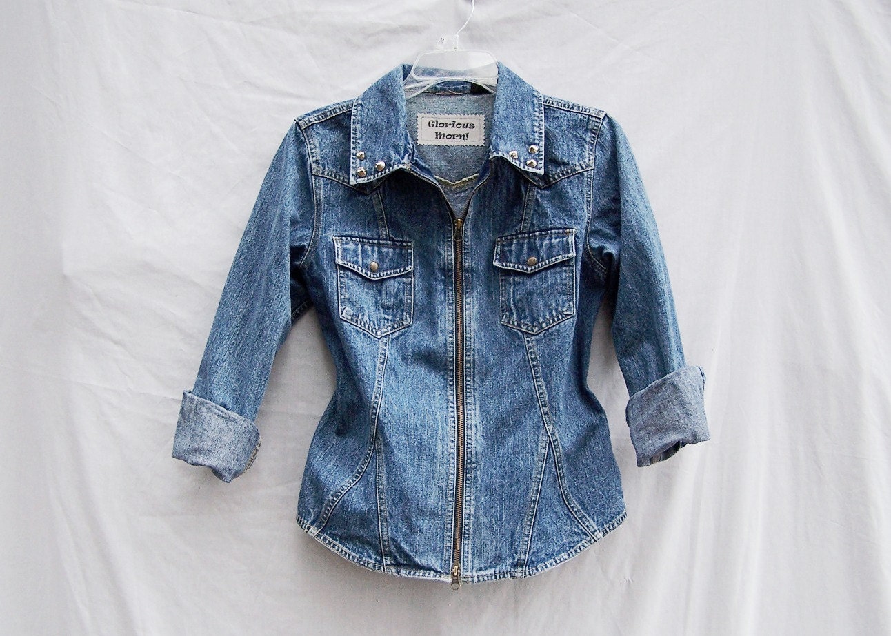 Vintage 1990s fitted blue denim jacket upcycled cone studs eco clothing studded collar grunge juniors women