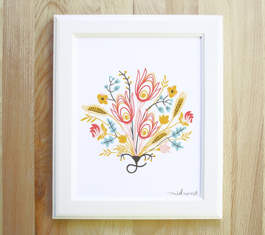 FREE SHIPPING midwest 8 x 10 floral bouquet illustration in neons and neutral colors with white background nursery feminine baby girl