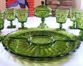 10 Piece Set VINTAGE SPARKLING GREEN Tabletop Entertaining 8 Mid Century Stemmed Goblets, Glass Divided Dish Tray, Bowl Formal Indiana Glass