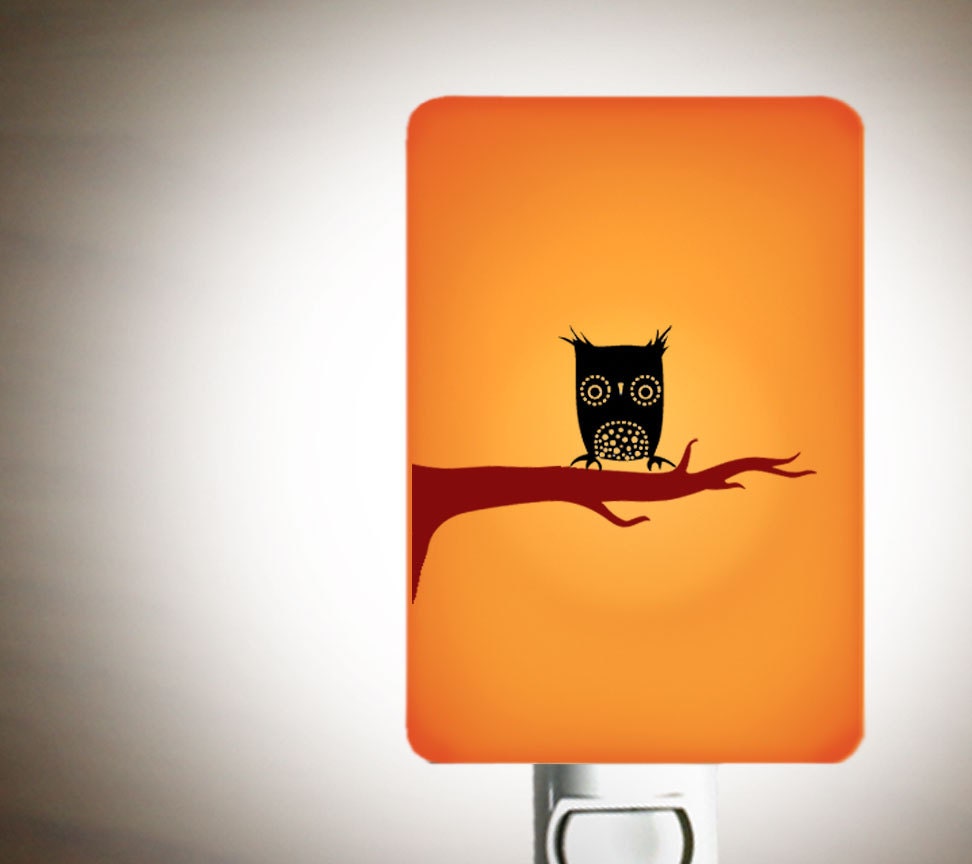 Owl Night Light of Tangerine Orange Fused Glass - Kids Nightlight with Night-owl