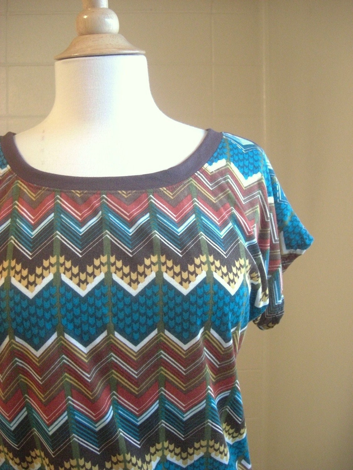 SALE - MEDIUM Brown teal rust Short Sleeve Tshirt Chevron tribal print - Ready to Ship size MEDIUM