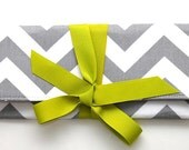 SALE Gray and White Chevron Stripe ALEXIS Clutch with Lime