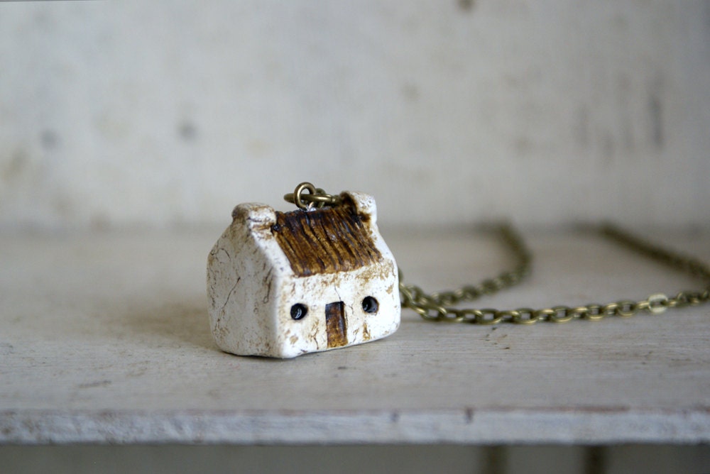 Miniature Irish Cottage Pendant Hand Painted Paper Clay -- Handmade in Ireland