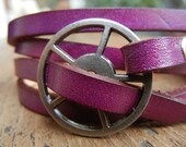 Leather Wrap Bracelet in Violet leather with Large Silver buckle