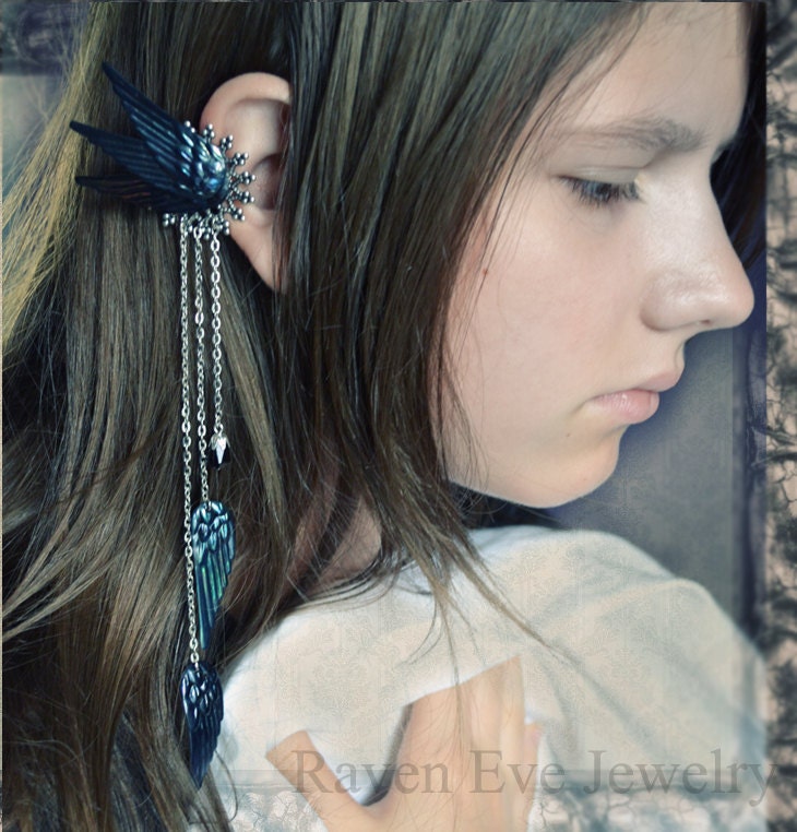 Dark Fairy Ear Cuff Ornate Filigree with Chains and Vintage Sequins