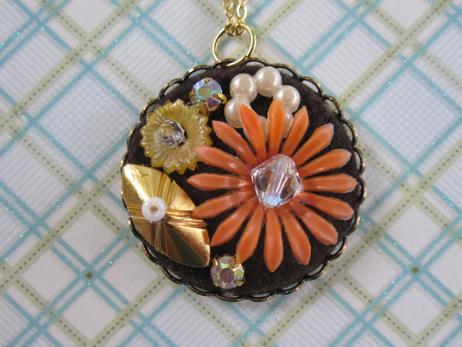 Vintage Plastic Flower Collage Necklace - Autumn Garden
