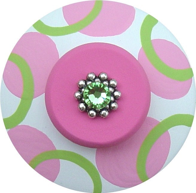 Pink & Green Circles Swarovski Crystal Jeweled Handpainted Wood Drawer Pull Knob