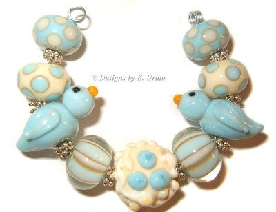 Lampwork beads - Bluebird Happiness - handmade glass bead set by K. Urato, SRA