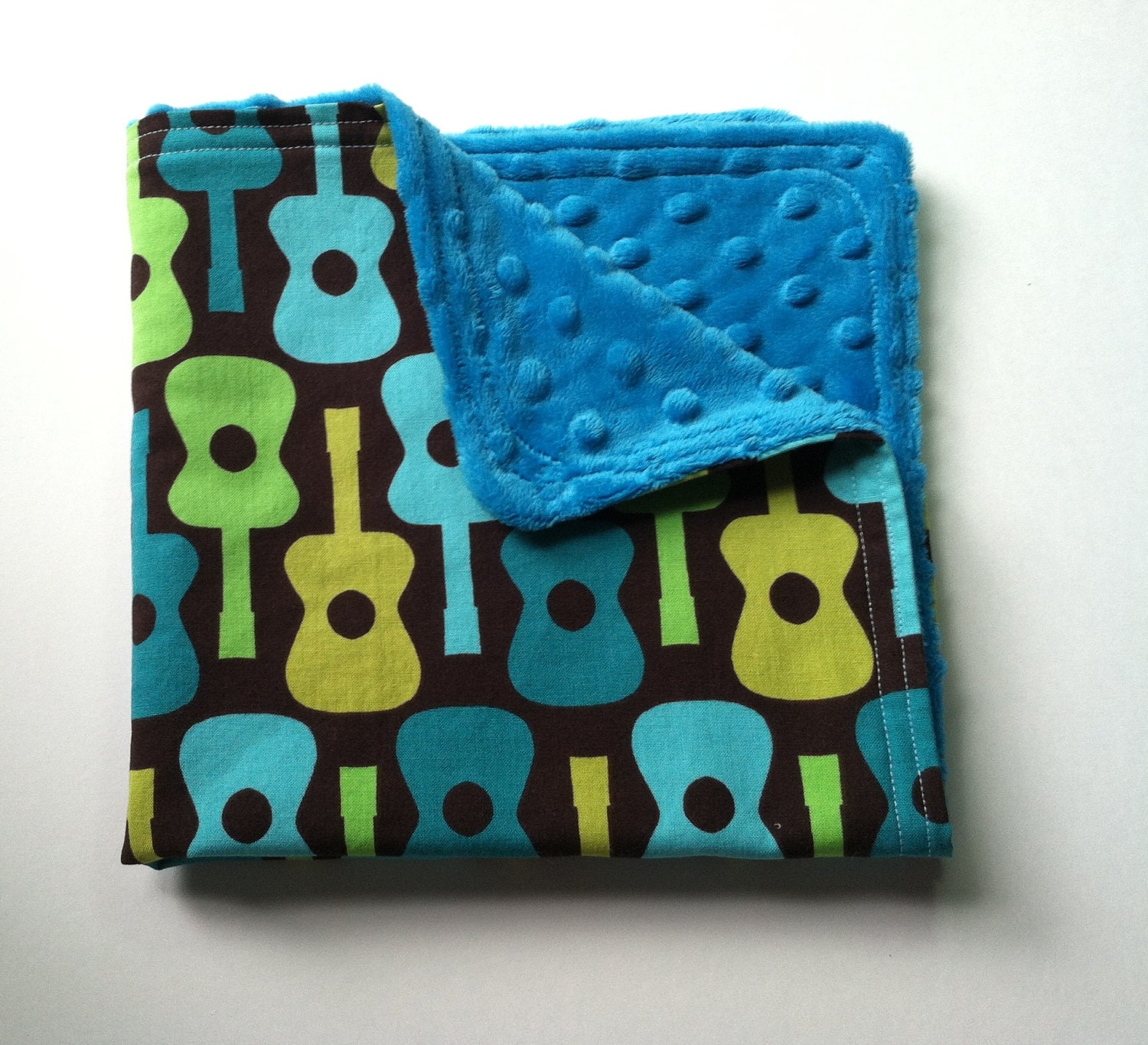 Baby Boy  Security Blanket - Groovy Guitars on Turquoise Minky Dot