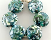 Mermaid's Tale - Handmade Artisan Lampwork Beads - Lampwork Glass Lentil Beads 18mm - Green, Blue, Teal - SRA (Set of 6 Beads)