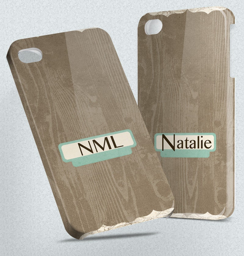 Teal Label on Wood Customized Monogrammed or Name Hard Cover Case for iPhone 5 4 4S 3 3GS & more
