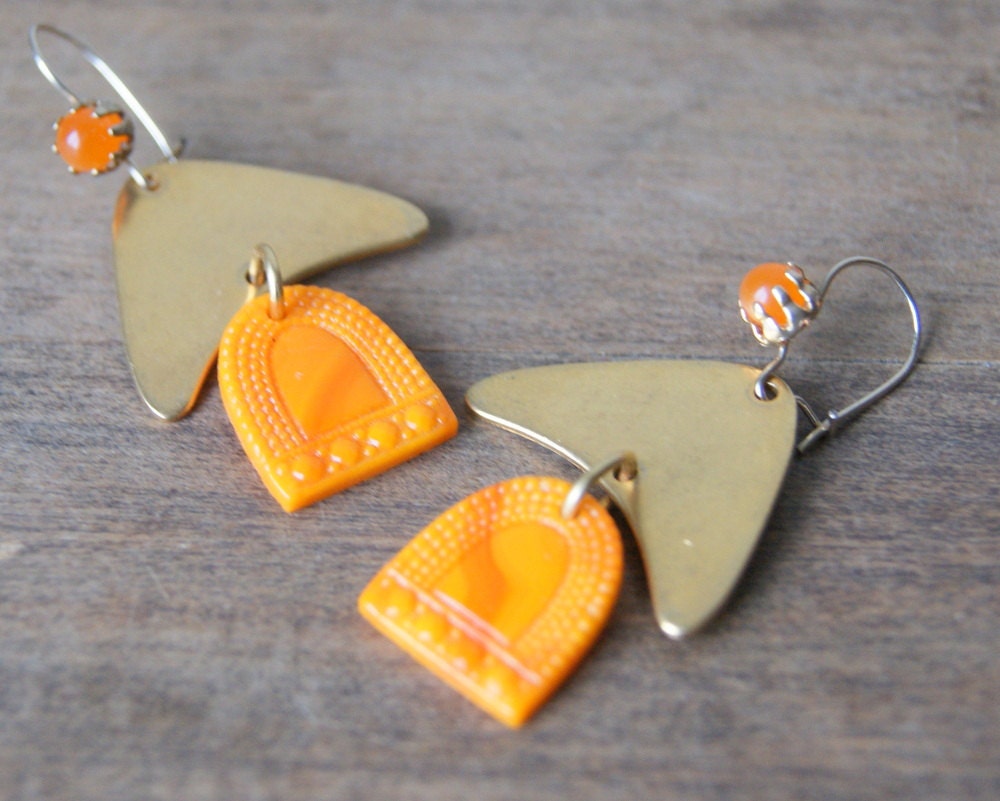 Geometric Earrings - vintage orange glass, vintage brass triangles, vintage gold tone earwires, eco fashion