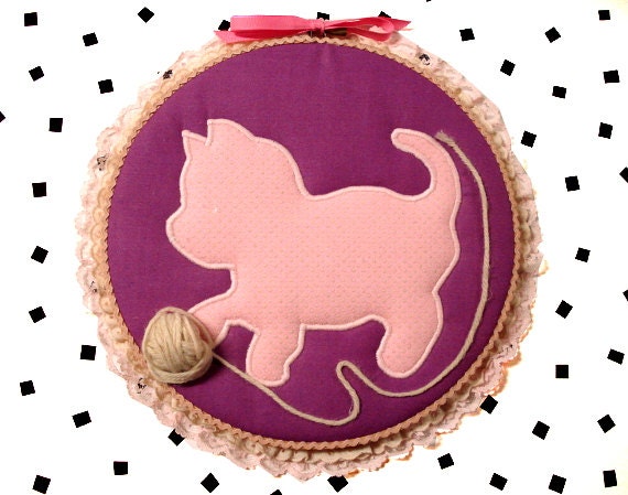 Pretty Pink Applique Cat Wall Hanging- Vintage Handmade- 1980s