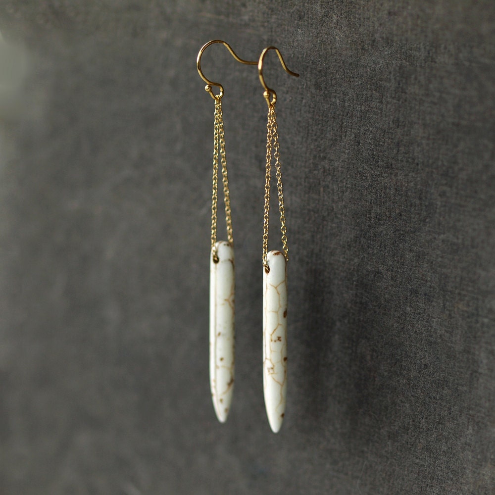 White Spear Earrings Boho Long Dangle Gold Handmade Jewelry