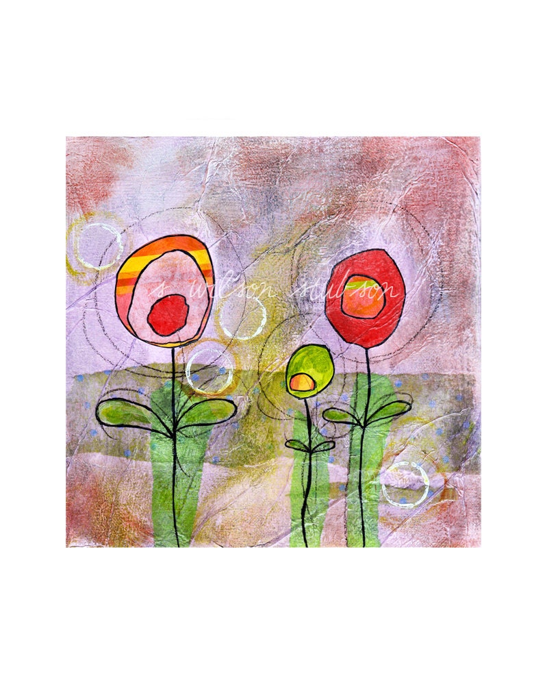 1 orange, 1 red,1 green flower (reproduction print) mixed media