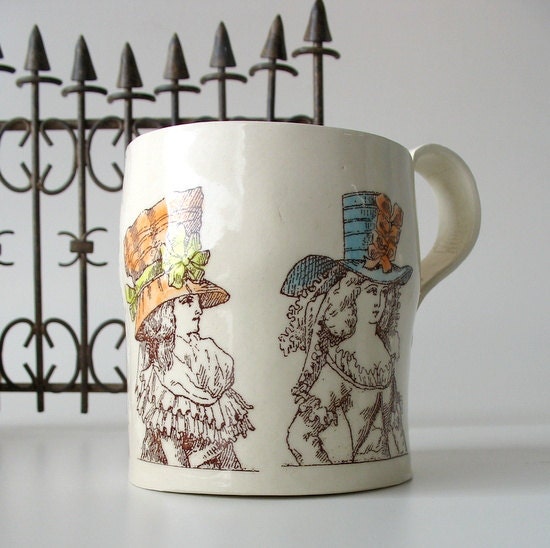 Women in Colorful Hats with Feathers and Lace, Handmade Coffee Mug - French Regency