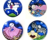 Set of 4 Pocket Mirrors - stocking stuffers whimsical folk art girls gift birthday party favors favours