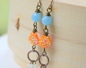 Gypsy Boho Dangle Earrings, Drop Earrings, Blue and Orange Earrings, Long Earrings