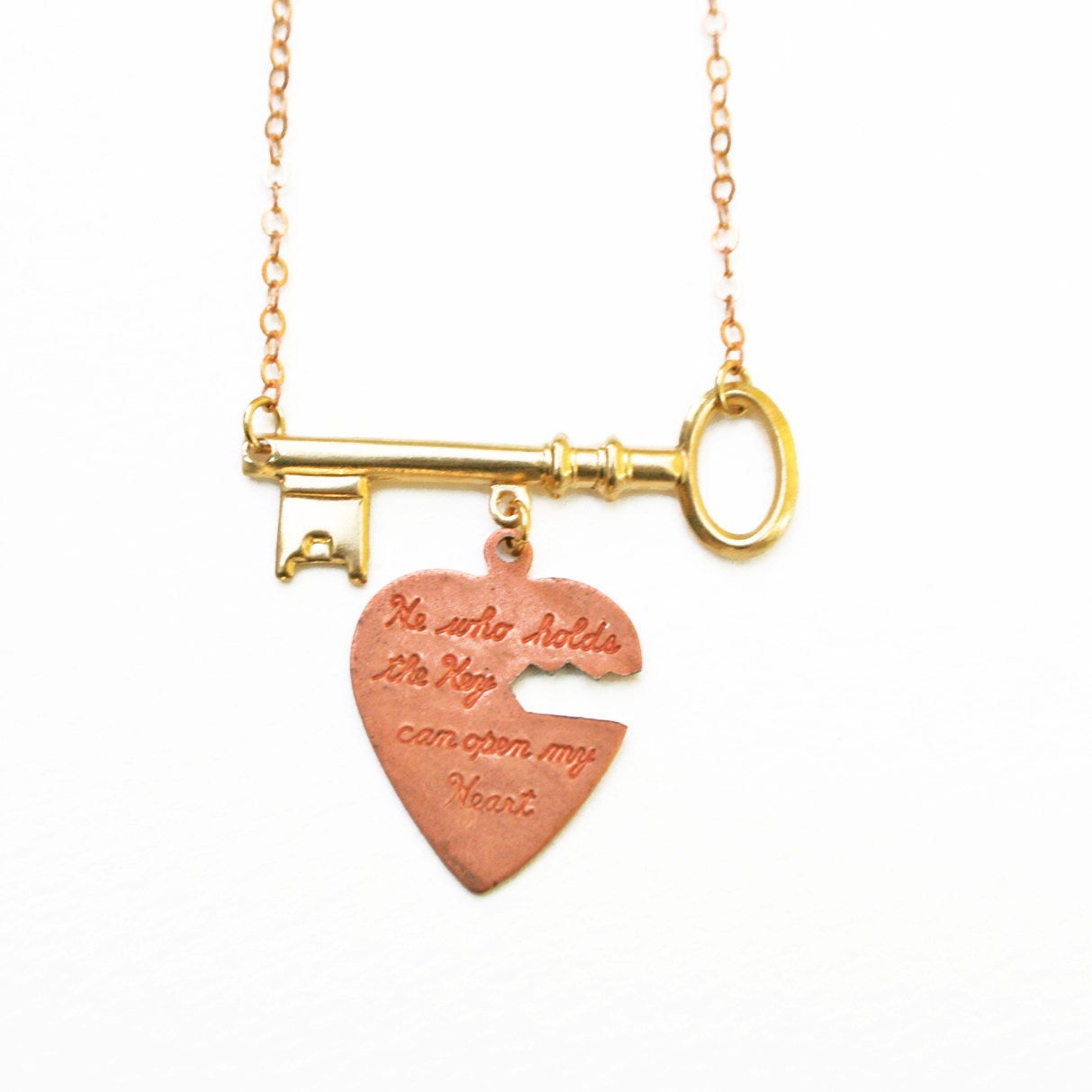 he who holds the key - key and heart brass charm necklace