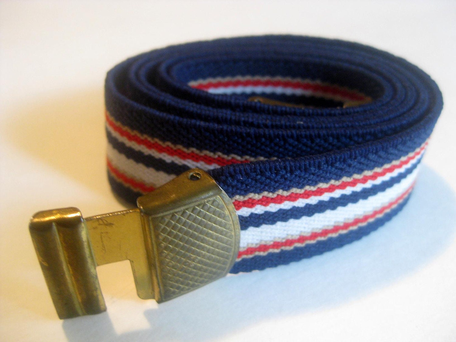 Vintage STRIPED STRETCH BELT with Gold Buckle, Red Blue Tan White Accessory Unisex