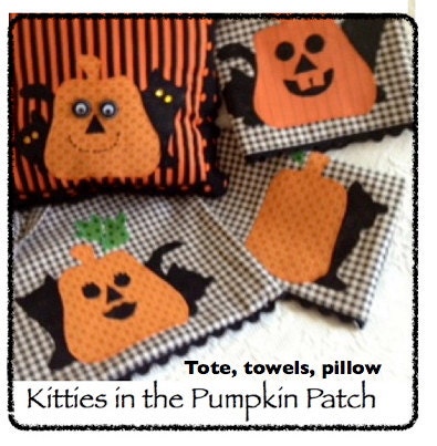 Kitties in the Pumpkin Patch tote, pillow, towels, Sewing Pattern  instant downloading