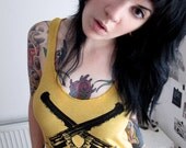 organic, recycled, guns, yellow tank, yellow top, womens clothing tank, womens gun tank, 1AEON Soft women's tank w black guns - size S