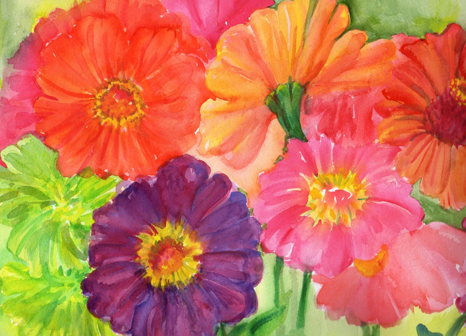 RESERVED  ---- Original Watercolor Big colorful flowers, zinnias, 11 x 15, Vivid floral, wall art