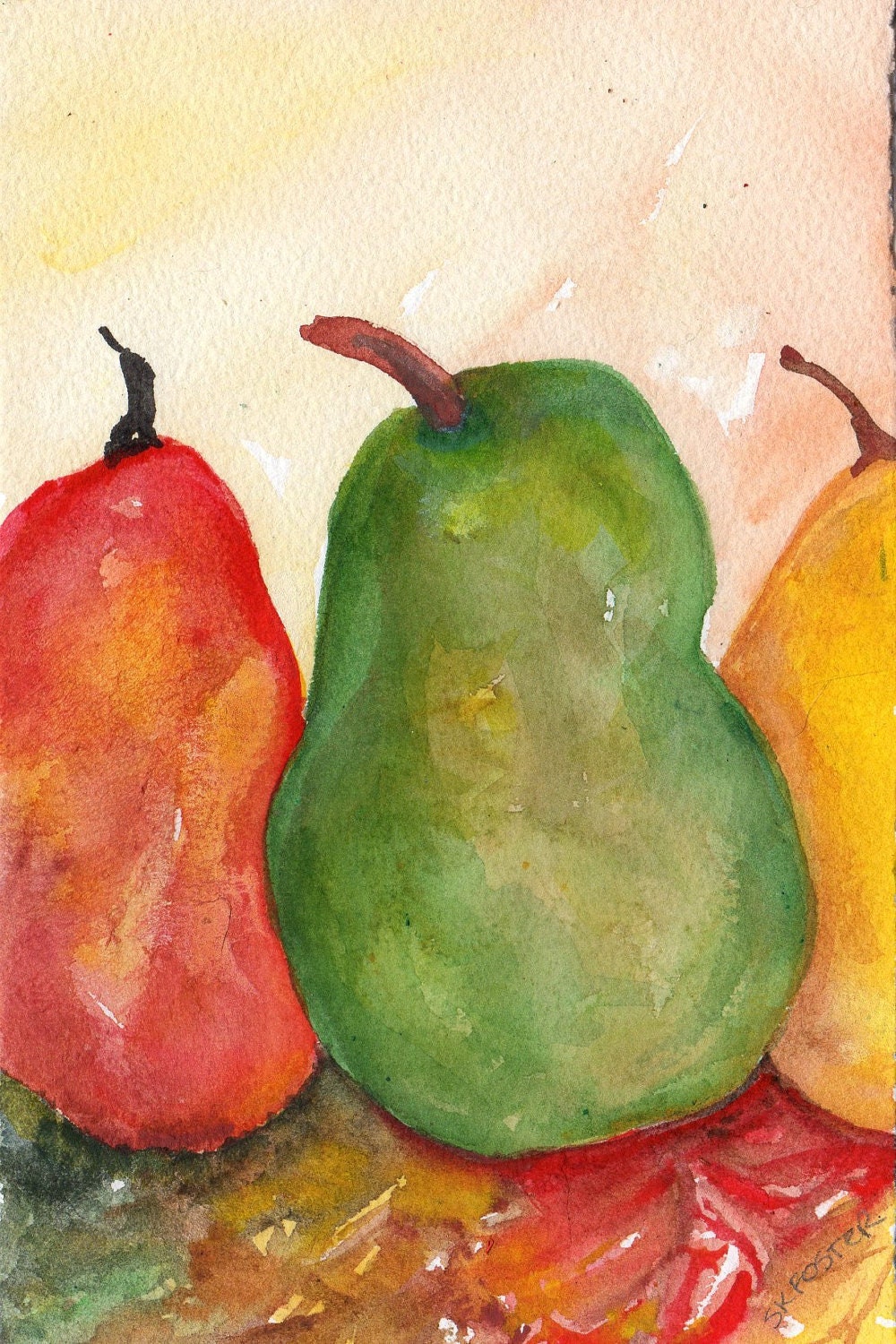 Original 5 by 7 inches 3 Pears, Yellow, Green and Red, Still Life original painting