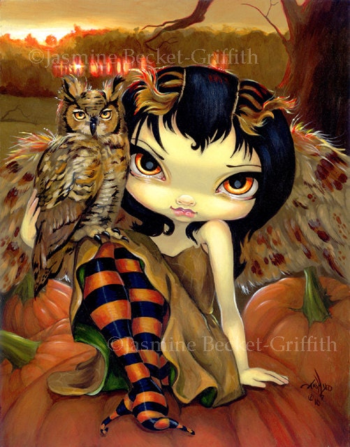 Owlyn in Autumn pumpkin owl fairy art print by Jasmine Becket-Griffith 8x10