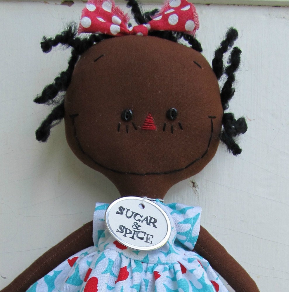 cloth rag doll African American handmade Olivia in Aqua, Red, and White flowers