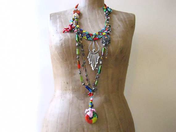 Nomadic Groove Necklace, Tribal, Beaded, Long, Shell, Coral,  Metal, Fused Glass, Boho Jewelry