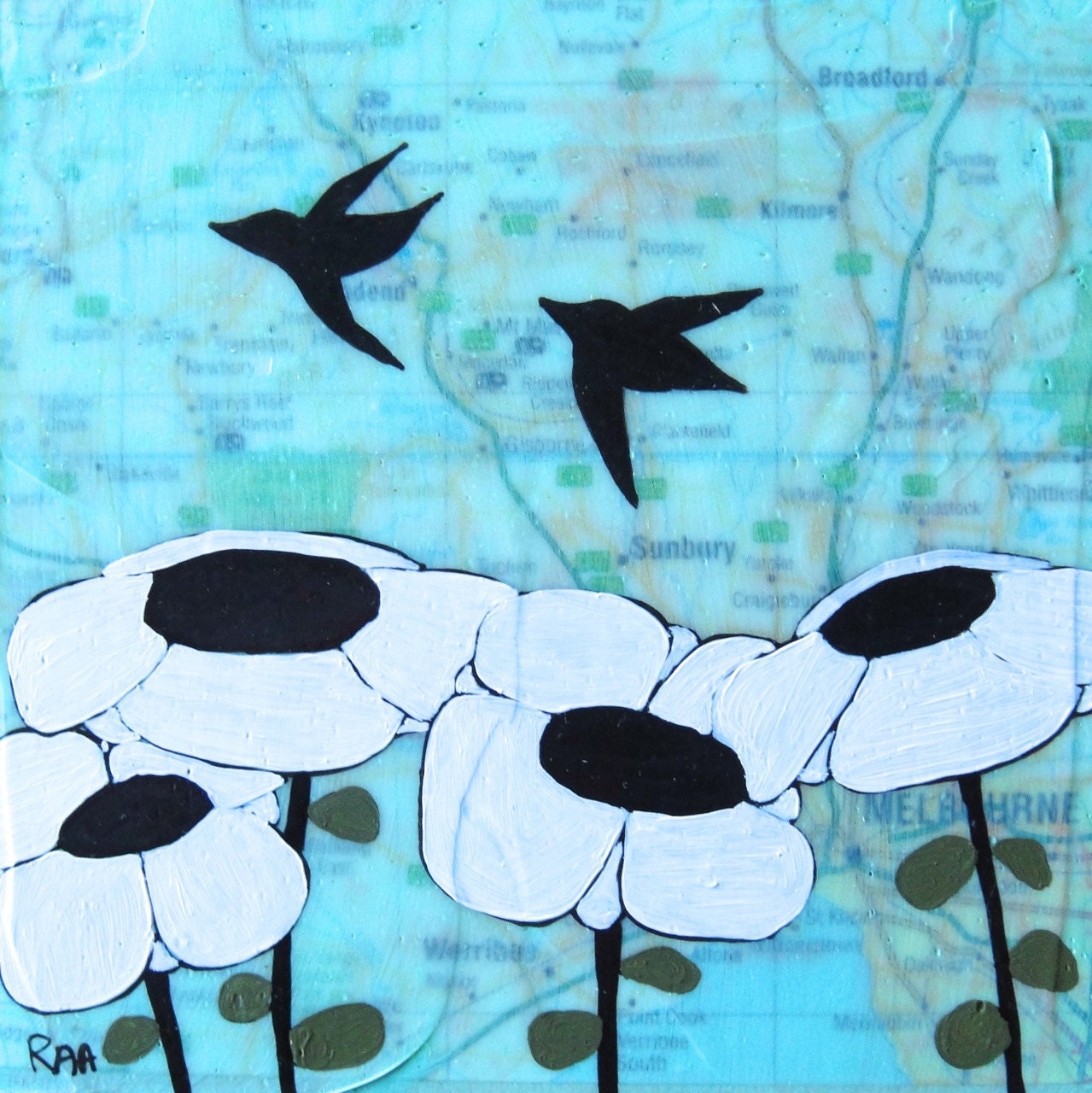 Melbourne - Original Map Painting 5 x 5 - Bird and flower art