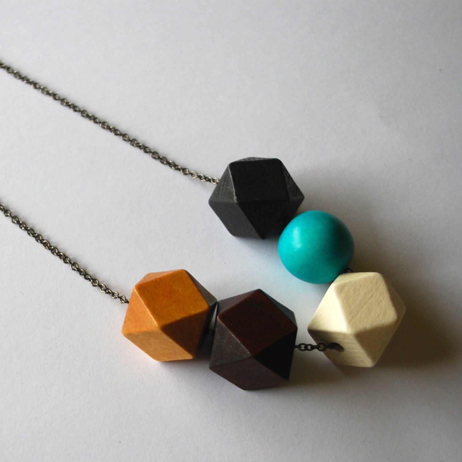 Faceted Geometric Necklace - 5 Wooden Beads on Gunmetal