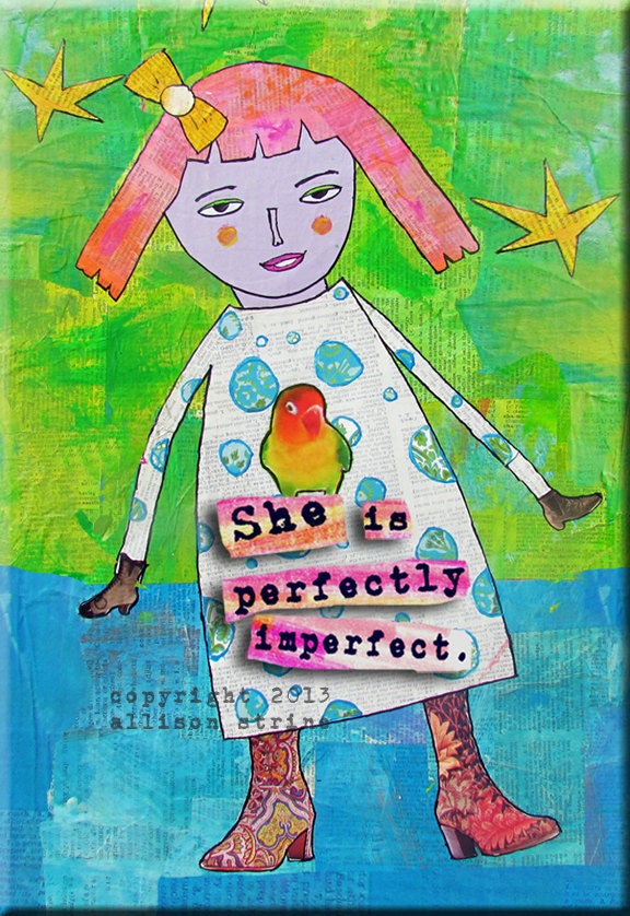 Girlfriend 50th Birthday Quote. "She's Perfectly Imperfect." FOLK ART MAGNET. Inspiring Sweet Happy Saying. Girlfriend Gift.