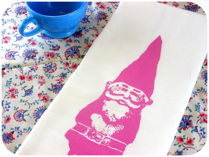 Gnome Kitchen Towel Pink Vintage Inspired Graphic Screen Print Hand Towel  Indie Housewares