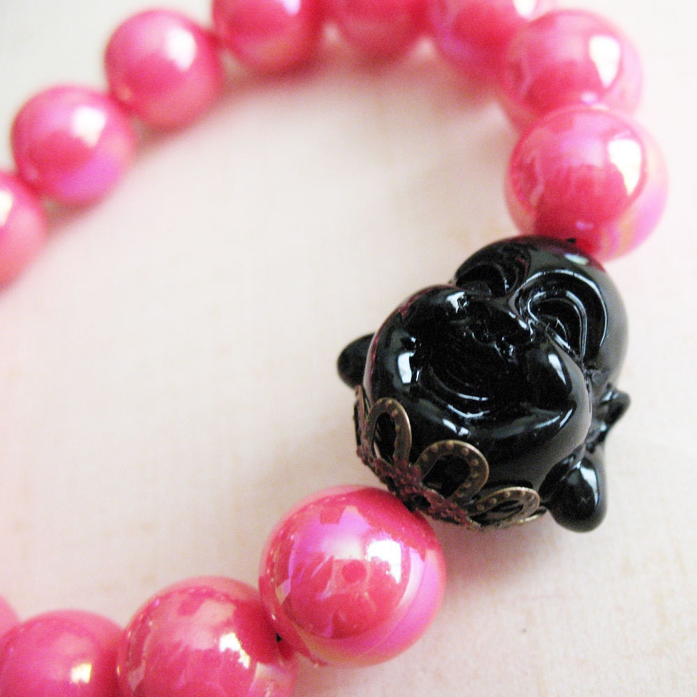 Pink and Black Happy Buddha Beaded Bracelet - Buddhism Zen