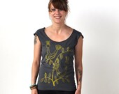 SALE Partridge, Folkloric Design, Asphalt Scoop Neck Tee, Hand Screen Printed by Maryink