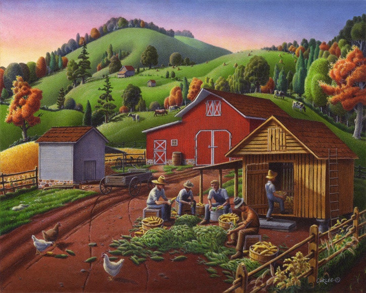 Thanksgiving Folk Art Corn Harvest farm Fairy Tale Landscape rural country life folk art americana 11x14 giclee print
