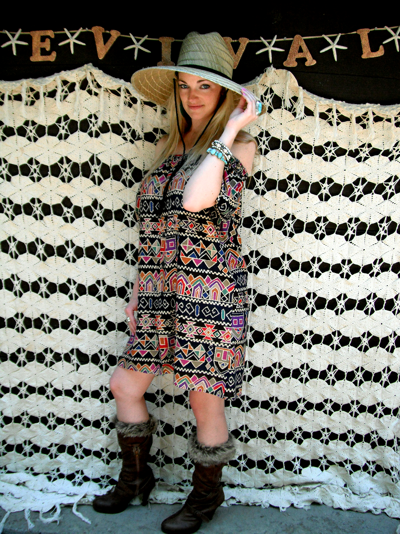 SALE--REVIVAL OOAK Upcycled Boho Top/Shirt/Dress, Off the Shoulder, Aztec, Small to Medium, Recycled, Repurposed, Eco Friendly Clothing