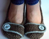 Crochet Slippers, Ballet Flats, House Shoes - Robin's Egg and Brown - Made to Order